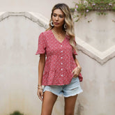 Loose Short-sleeved Chiffon Floral V-neck Ruffle Shirt Blouse Sai Feel